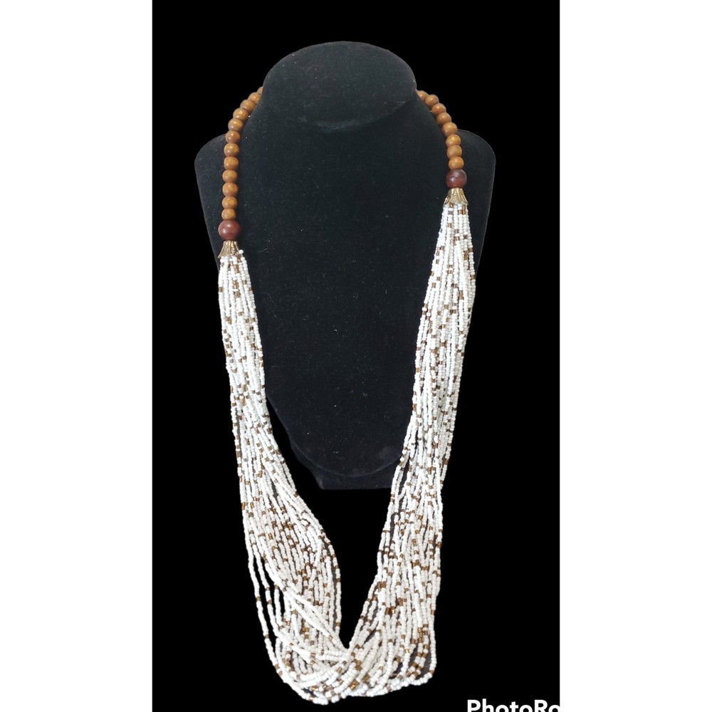 Multistrand Beaded Long Necklace, White, Brass and Wood Beads